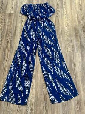 VICI Blue and White Abstract Print Strapless Wide Leg Jumpsuit